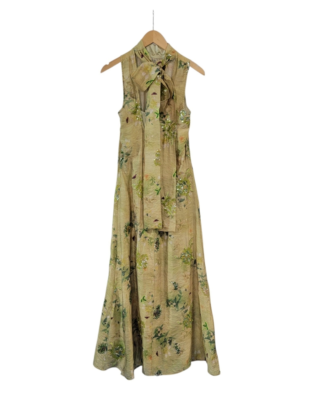 Few Moda O.P.T. High-Neck Floral Maxi Dress in Soft Green With Floral Beading - Picture 6 of 8